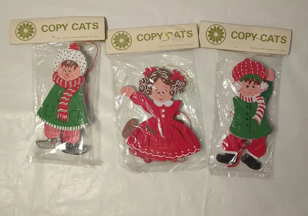 Vtg 70s Copy Cats Wooden Christmas Ornaments Lot 3 SEALED Moveable New Old Stock